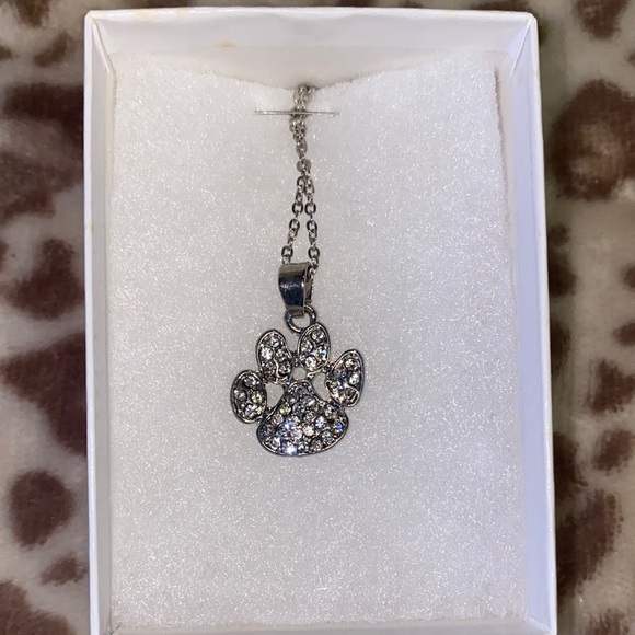 Jewelry - Paw Print Crystal Pendant Necklace - Silver Tone